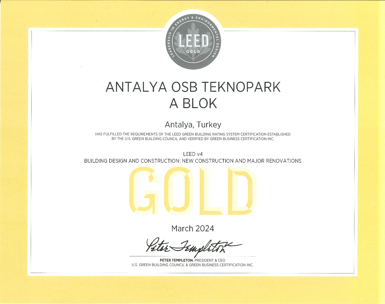 Antalya OSB Teknopark LEED Gold Sertifikası