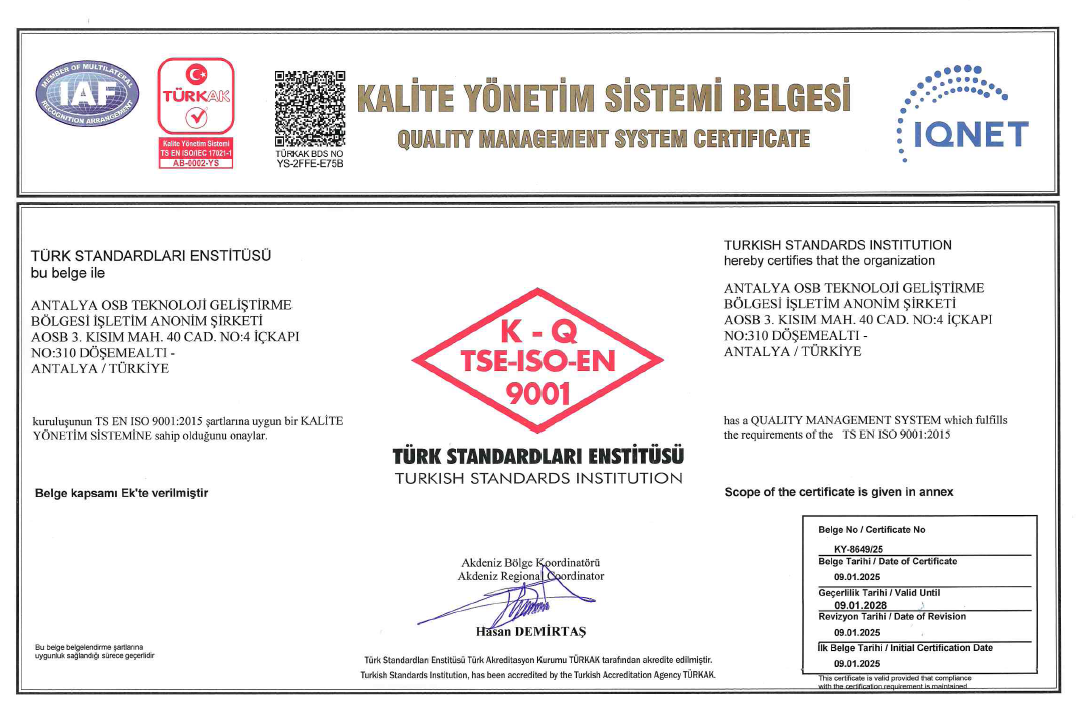 Antalya OSB Teknopark Kalite Yönetim Belgesi