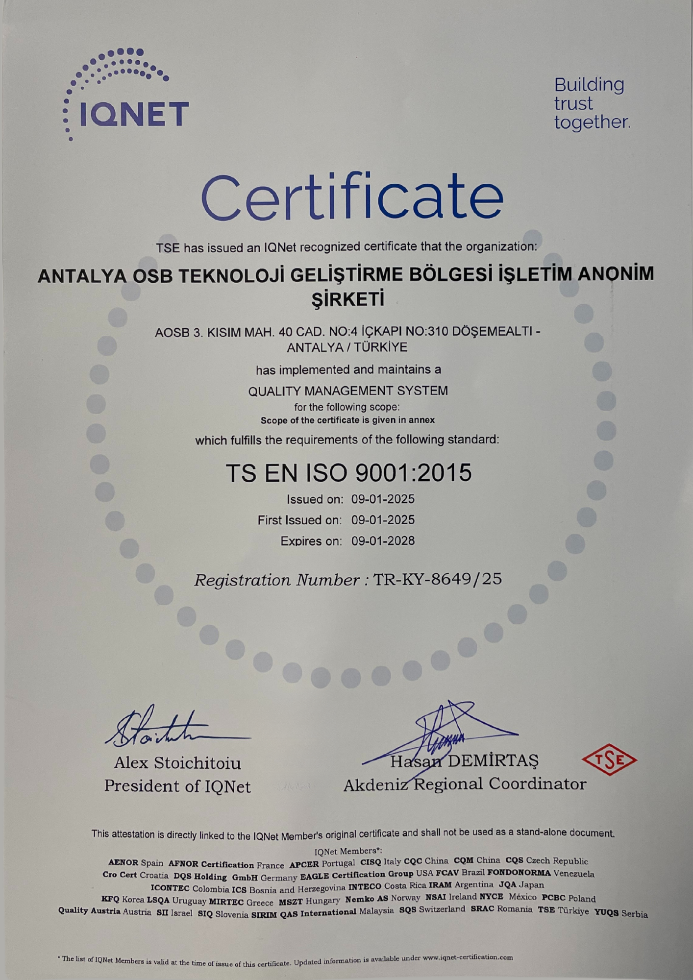 Antalya OSB Teknopark TSE Belgesi