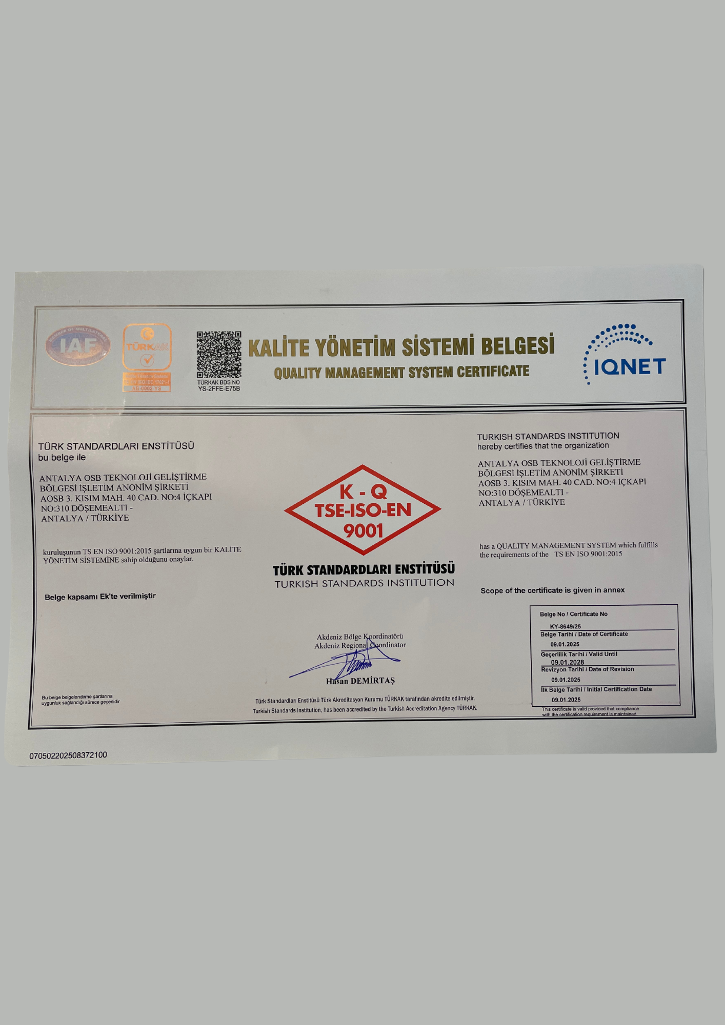 Antalya OSB Teknopark Kalite Yönetim Belgesi